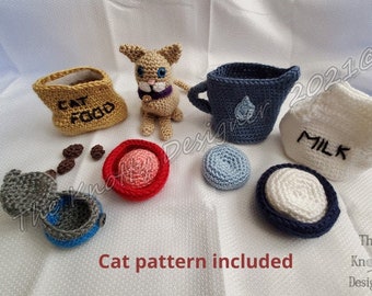 Crochet Playset with Cat Pattern, Crochet Food Playset with Cat, Cat Food Playset with Cat, Complete crochet playset, ** PDF FILE **