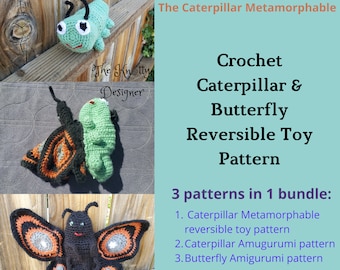 Crochet reversible caterpillar and butterfly pattern bundle, Crochet caterpillar, Crochet butterfly, flippable caterpiller, PDF file