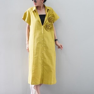 Linen Shirt Dress with Floral Applique, Button Down Midi Dress, Oversized Loose Fit Summer Dress with Pockets, Casual Minimalist Clothing