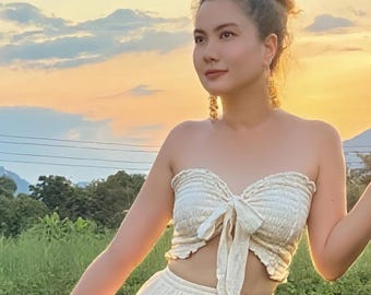 Boho Smocked Cotton Gauze Tube Top, Strapless Bandeau with Tie