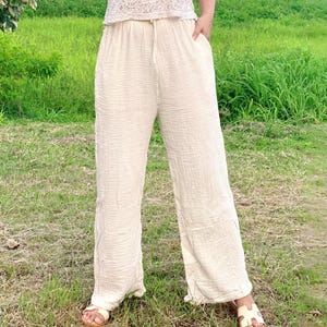 Cream Cotton Gauze Pants, Elastic Waist Summer Pants with Pockets, Loose Fit, Trousers, Boho Loungewear, Yoga Pants, Luxe cotton Pants
