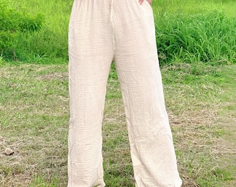 Cremefarbene Baumwolle Gaze Hose, Boho Loungewear Hose mit Taschen