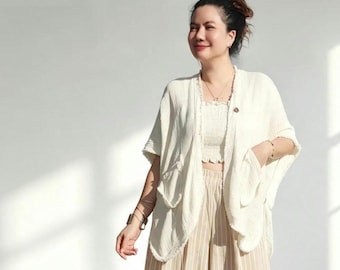 Double Gauze Cotton Cardigan Women Short Sleeve Kimono Jacket Boho Raw Hem Outerwear Loose Oversized Top Casual Summer Cover Up Gift for Her