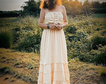 Beige Cotton Gauze Maxi Dress, Adjustable Spaghetti Straps, Smocked Boho Dress