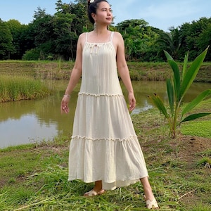 Boho Cotton Maxi Dress, Tiered Gauze Summer Dress, Cream Flowy Sleeveless Outfit, Loose Fit Beachwear, Vacation Dress, Pre-Wedding Dress