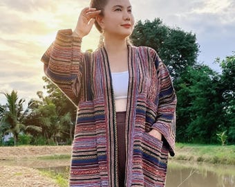 Handwoven Boho Cotton Kimono, Tribal Jacket with Pockets