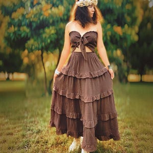 Brown Bohemian Long Skirt, Boho Cotton Maxi Skirt, Tiered Ruffle A-Line Skirt, Natural Summer Skirt, Breathable, Double-Layered Gauze