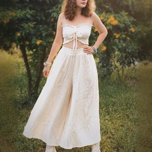 Boho Wide Leg Cotton Pants Women Handmade Loose Trousers with Pockets Summer Beach Yoga Festival Outfit Comfy Casual Lounge Wear Hippie