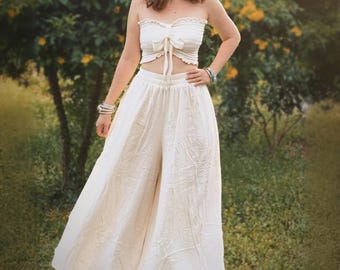 Boho Cotton Gauze Wide Leg Pants - Handmade Festival Trousers with Pockets