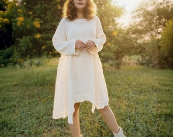 Natural Cotton Gauze Dress, Long Sleeve Boho Layered Summer Dress
