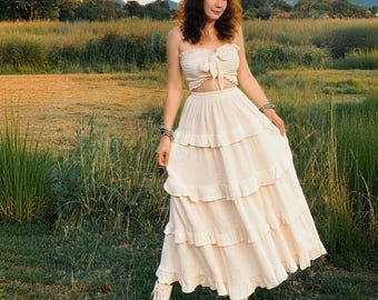 Boho Cotton Maxi Skirt, Tiered Ruffle A-Line, Natural Gauze