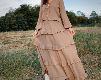 Brown Bohemian Cotton Maxi Skirt, Tiered Ruffle Gauze