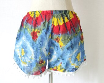 Pom Pom Bohemian Shorts, Elephant Print, Festival Hippie Style
