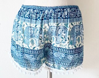 Elephant Print Boho Shorts with Pom Poms, Bohemian Festival Shorts