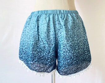 Blue Ombre Elephant Print Pom Pom Shorts, Boho Hippie Festival Style