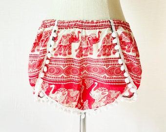 Red Elephant Print Shorts, Bohemian Pom Pom Trim, Festival Wear