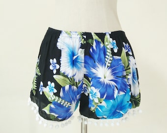 Floral Pom Pom Shorts, Bohemian Festival Hippie Style