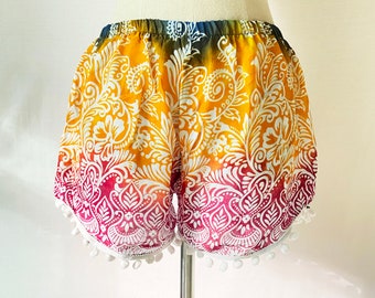 Bohemian Pom Pom Shorts, Elastic Waist, Rayon Blend