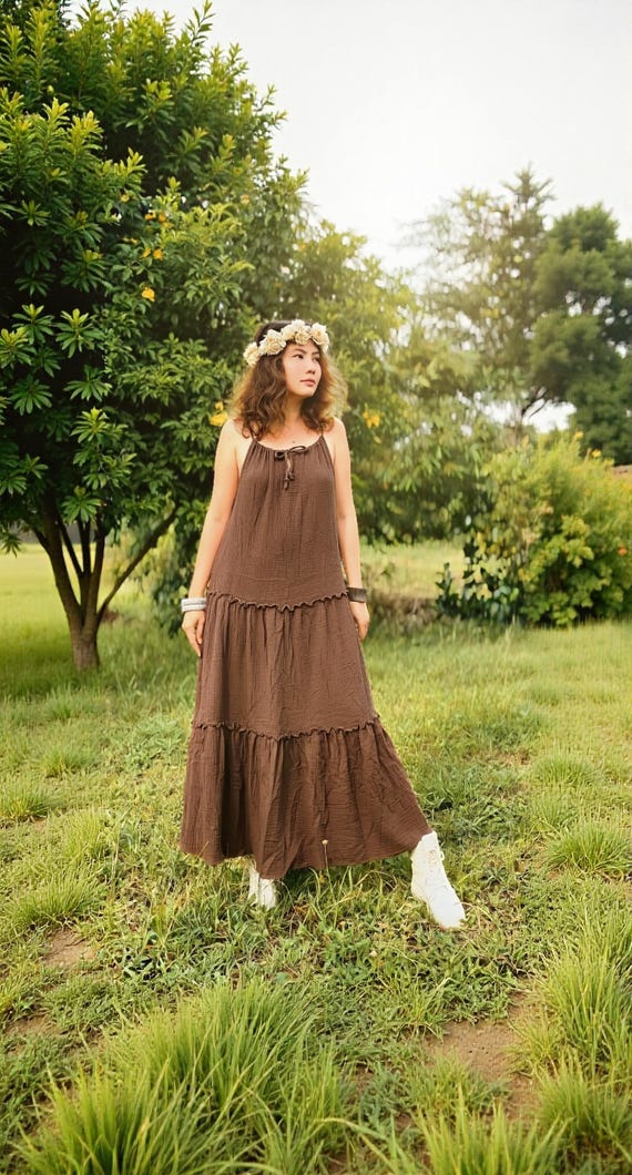 Brown Boho Cotton Gauze Maxi Dress, Sleeveless Tiered Summer Outfit