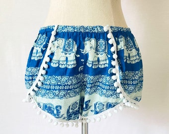 Blue Thai Elephant Pom Pom Shorts, Bohemian Festival Style