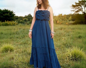 Navy Blue Cotton Gauze Maxi Dress, Smocked Back, Adjustable Straps