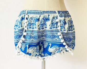 Elephant Print Pom Pom Shorts, Bohemian Festival Wear