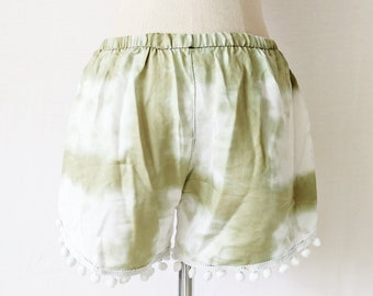 Pom Pom Tie Dye Shorts, Bohemian Festival Cotton Blend