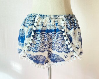 Blue Elephant Print Shorts, Boho Pom Pom Tassel, Festival Wear
