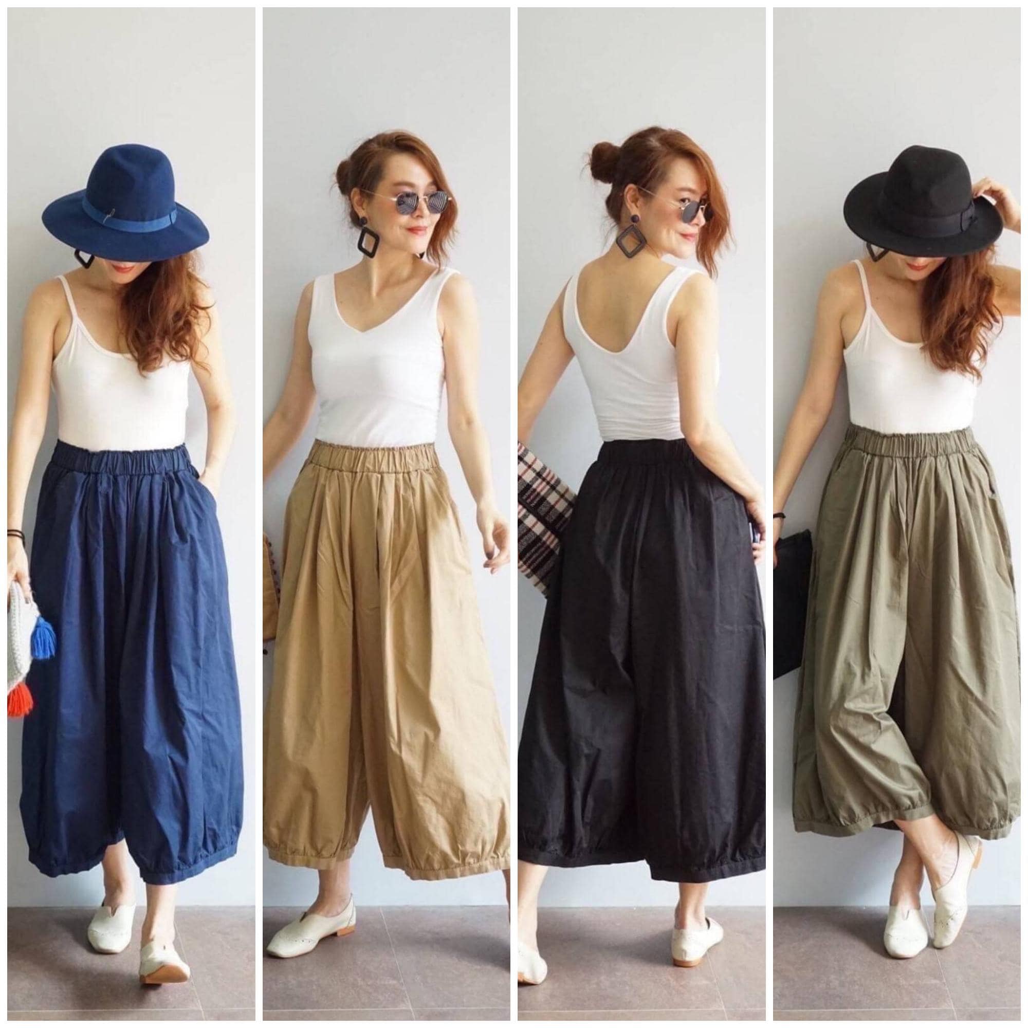 Cotton Balloon Culottes, Wide Leg Boho Pants, Elastic Waist / 366