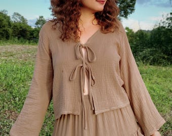 Brown Cotton Gauze Boho Top - Tie Front Muslin Blouse