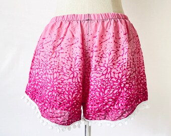 Pink Bohemian Pom Pom Shorts, Elastic Waist, Festival Yoga
