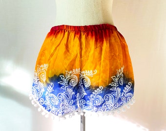 Boho Elephant Print Shorts, Bohemian Pom Pom Trim