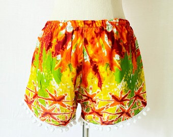 Pom Pom Bohemian Shorts, Elastic Waist, Festival Hippie Style