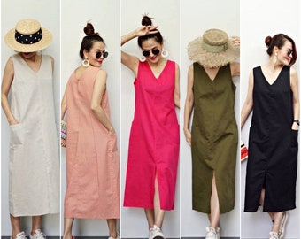 Linen Cotton Blend Summer Dress, Casual Pocket Dress