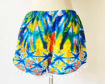 Pom Pom Trim Bohemian Shorts, Elastic Waist, Festival Hippie Style