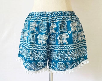 Elephant Print Pom Pom Shorts, Bohemian Festival Style