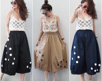 Polka Dot Linen Balloon Pants, Wide Leg Trousers with Pockets