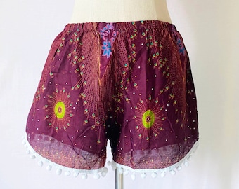 Handmade Bohemian Floral Elephant Shorts, Pom Pom Trim