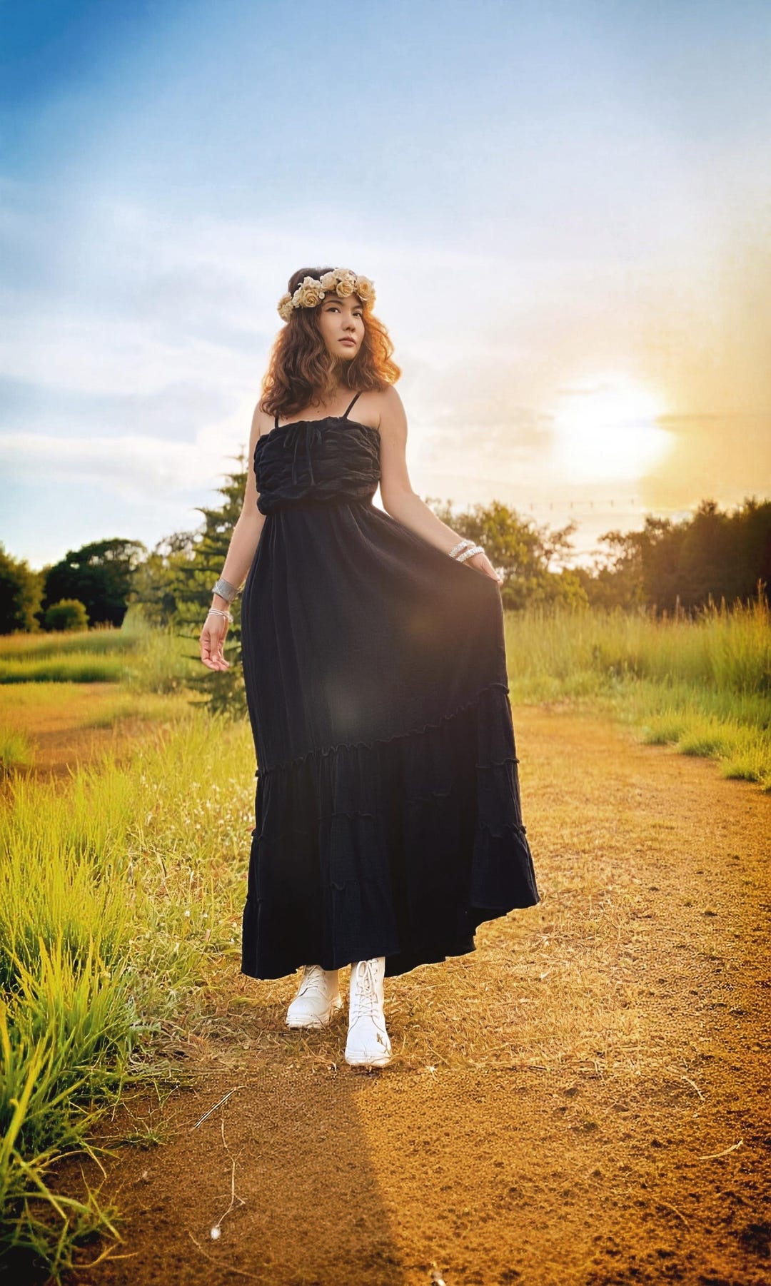 Black Cotton Gauze Maxi Dress, Boho Smocked Sundress, Adjustable Straps Black Cotton Gauze Maxi Dress, Boho Smocked Sundress, Adjustable Straps