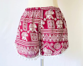 Red Elephant Print Pom Pom Shorts, Bohemian Festival Style