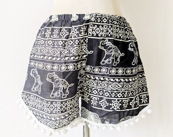 Elephant Print Pom Pom Shorts, Bohemian Festival Style