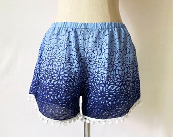 Blue Floral Pom Pom Shorts, Bohemian Rayon Blend