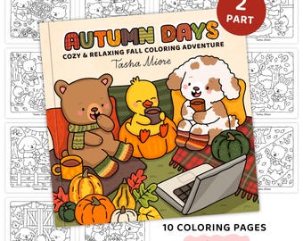 May include: A colouring book titled "Autumn Days" with a cosy autumn theme. The cover features a bear, duck, and dog with mugs, pumpkins, and a laptop. The book includes 10 colouring pages and is available for instant download.