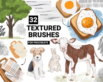 May include: A set of 32 textured brushes for Procreate, featuring a variety of textures, including bark, felt, hatching, and more. The brushes are shown being used to create illustrations of a tree, a cow, a rabbit, a dog, and a fried egg on toast.
