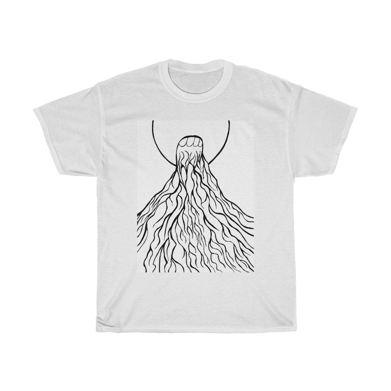 K&ouml;nnte beinhalten: Ein wei&szlig;es T-Shirt mit einer schwarz-wei&szlig;en Grafik eines stilisierten Baumes mit Wurzeln.