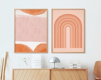 Downloadable two pink orange prints, Printable Set of 2, Geometric gallery wall art, Boho nursery arch, Modern poster, minimalist rainbow