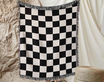 Checkered Woven Throw Blanket, Black and Beige Cotton Quilt