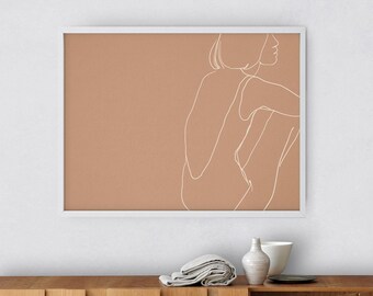 Woman figure horizontal print, Minimal Line drawing, Modern downloadable boho, Neutral beige female illustration, Swimmer neutral beige art