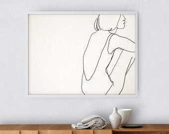 Printable wall art, Downloadable print, Woman figure horizontal print, Minimal female line drawing, Instant download monochrome sketch lines