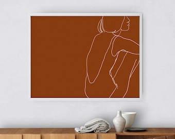 Woman figure horizontal print, Minimal line drawing, Downloadable file, Female sketch, Instant download modern wall art, Terracotta poster